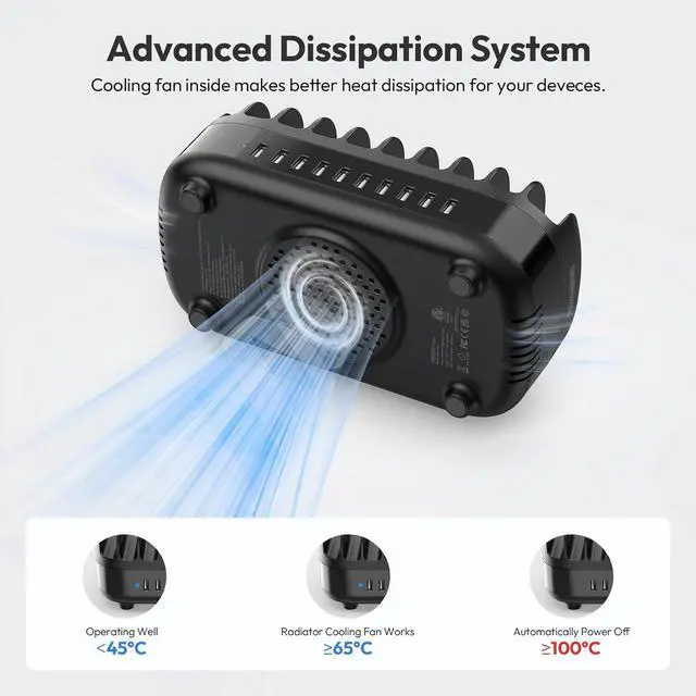 Alt view image 5 of 7 - 10 Ports Charging Station for Multiple Devices, 120W Charging Station Organizer, USB Charging Docking with Cooling Fan, for iPhone, for iPad, Tablet, Kindle, ETL Listed (2.4A Each, 24A in Total)