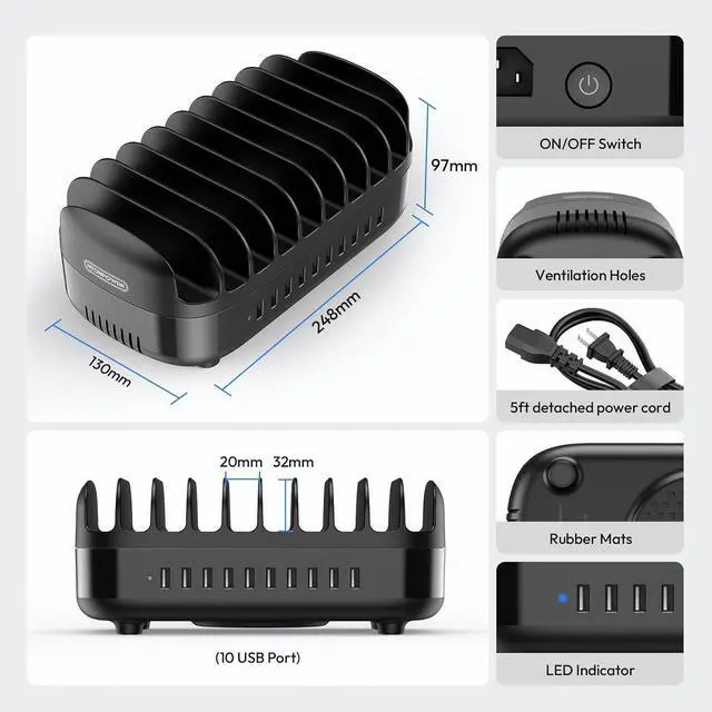 Alt view image 6 of 7 - 10 Ports Charging Station for Multiple Devices, 120W Charging Station Organizer, USB Charging Docking with Cooling Fan, for iPhone, for iPad, Tablet, Kindle, ETL Listed (2.4A Each, 24A in Total)