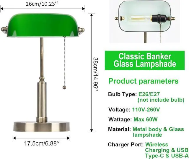 Alt view image 2 of 7 - FIRVRE Glass Bankers Desk Lamp USB Wireless Charging Port LED Desk Lamp Classic Retro Pull Chain Switch Table lamp Reading Modern for Home Office nightstand Bedside Study Desk Library (Green)