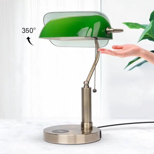 Alt view image 5 of 7 - FIRVRE Glass Bankers Desk Lamp USB Wireless Charging Port LED Desk Lamp Classic Retro Pull Chain Switch Table lamp Reading Modern for Home Office nightstand Bedside Study Desk Library (Green)
