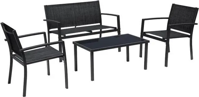 Alt view image 3 of 7 - Greesum 4 Pieces Patio Furniture Set, Outdoor Conversation Sets for Patio, Lawn, Garden, Poolside with A Glass Coffee Table, Black