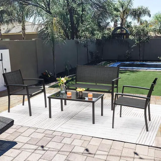 Alt view image 2 of 7 - Greesum 4 Pieces Patio Furniture Set, Outdoor Conversation Sets for Patio, Lawn, Garden, Poolside with A Glass Coffee Table, Black