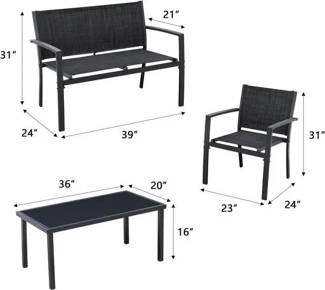 Alt view image 7 of 7 - Greesum 4 Pieces Patio Furniture Set, Outdoor Conversation Sets for Patio, Lawn, Garden, Poolside with A Glass Coffee Table, Black