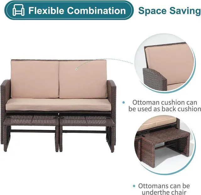 Alt view image 3 of 6 - OC Orange-Casual Outdoor Loveseat 3 Piece Patio Furniture Set Outdoor Conversation Set All-Weather Wicker Love Seat with Ottoman/Side Table, Brown Rattan, Beige