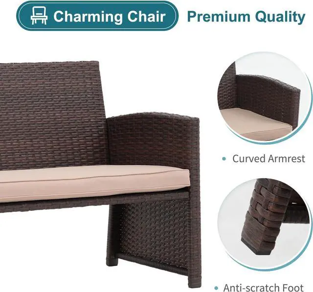 Alt view image 4 of 6 - OC Orange-Casual Outdoor Loveseat 3 Piece Patio Furniture Set Outdoor Conversation Set All-Weather Wicker Love Seat with Ottoman/Side Table, Brown Rattan, Beige