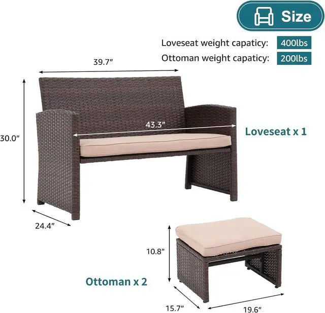 Alt view image 6 of 6 - OC Orange-Casual Outdoor Loveseat 3 Piece Patio Furniture Set Outdoor Conversation Set All-Weather Wicker Love Seat with Ottoman/Side Table, Brown Rattan, Beige