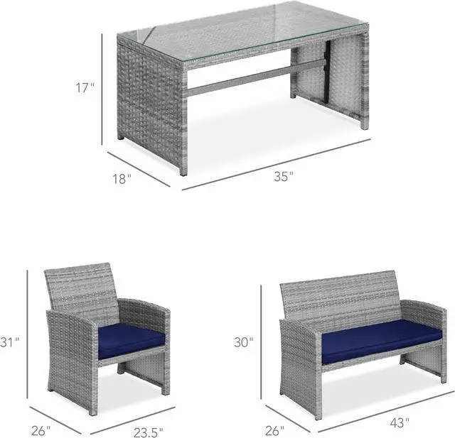 Alt view image 7 of 7 - Best Choice Products 4-Piece Outdoor Wicker Patio Conversation Furniture Set for Backyard w/Coffee Table, Seat Cushions - Gray/Navy