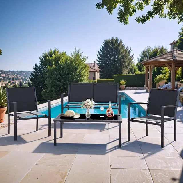 Alt view image 2 of 7 - Tuoze 4 Pieces Patio Furniture Set Outdoor Conversation Set with Glass Coffee Table Bistro Set with Loveseat Garden Yard Lawn and Balcony (Black)