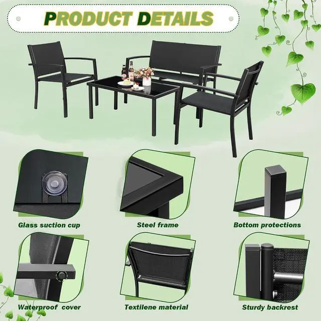 Alt view image 4 of 7 - Tuoze 4 Pieces Patio Furniture Set Outdoor Conversation Set with Glass Coffee Table Bistro Set with Loveseat Garden Yard Lawn and Balcony (Black)