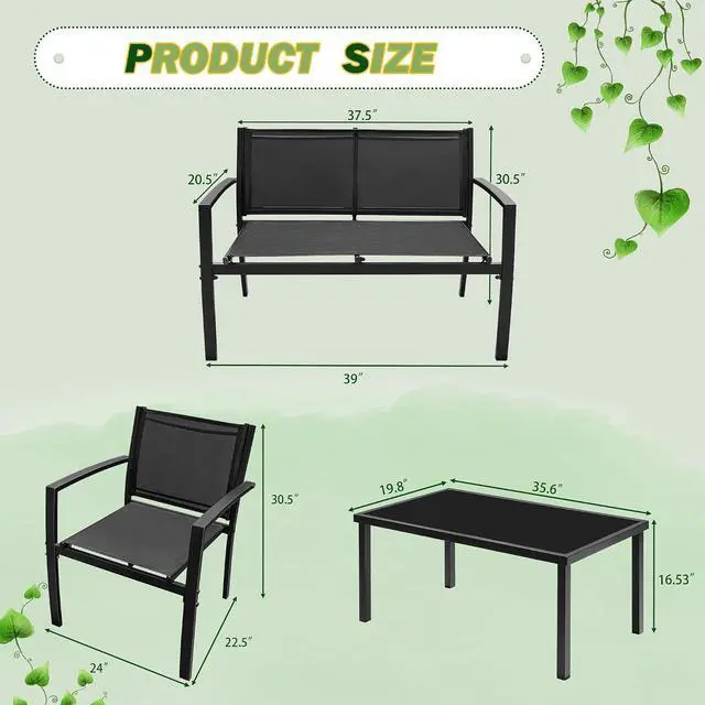Alt view image 6 of 7 - Tuoze 4 Pieces Patio Furniture Set Outdoor Conversation Set with Glass Coffee Table Bistro Set with Loveseat Garden Yard Lawn and Balcony (Black)