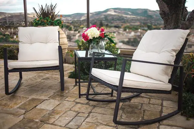 Alt view image 2 of 7 - SUNCROWN 3 Piece Outdoor Rocking Bistro Set Black Wicker Furniture Porch Chairs Conversation Sets with Glass Coffee Table, Beige