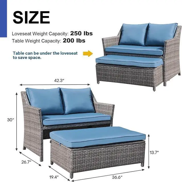 Alt view image 6 of 6 - OC Orange-Casual 2-Piece Outdoor Patio Furniture Wicker Love-seat and Coffee Table Set, with Built-in Storage Bin, Grey Rattan, Navy Blue Cushions