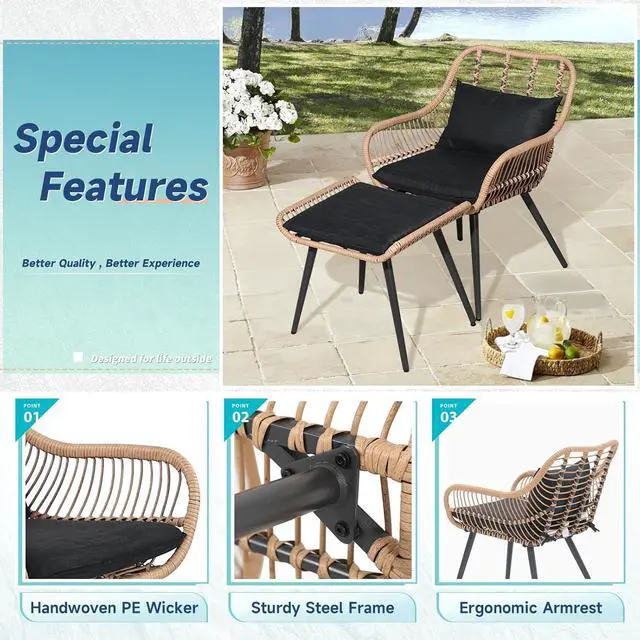Alt view image 2 of 7 - Verano Garden 5 Pieces Patio Furniture Chair Sets, Patio Conversation Set W/Coffee Table Ottomans Bistro Sets,Outdoor Furniture Chair Seating Set for Porch,Backyard, Balcony,Deck,Poolside