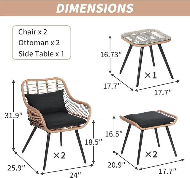 Alt view image 5 of 7 - Verano Garden 5 Pieces Patio Furniture Chair Sets, Patio Conversation Set W/Coffee Table Ottomans Bistro Sets,Outdoor Furniture Chair Seating Set for Porch,Backyard, Balcony,Deck,Poolside