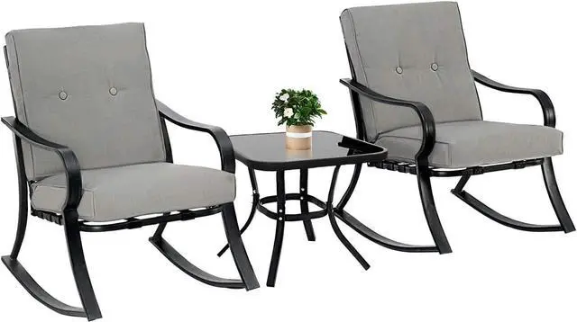 Main image of Oakmont Outdoor Furniture 3 Piece Conversation Bistro Set Rocking Chairs and Glass Top Table, Thick Cushions, Black Steel (Grey)