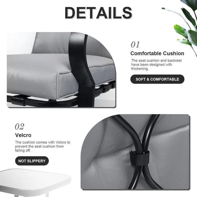 Alt view image 3 of 7 - Oakmont Outdoor Furniture 3 Piece Conversation Bistro Set Rocking Chairs and Glass Top Table, Thick Cushions, Black Steel (Grey)