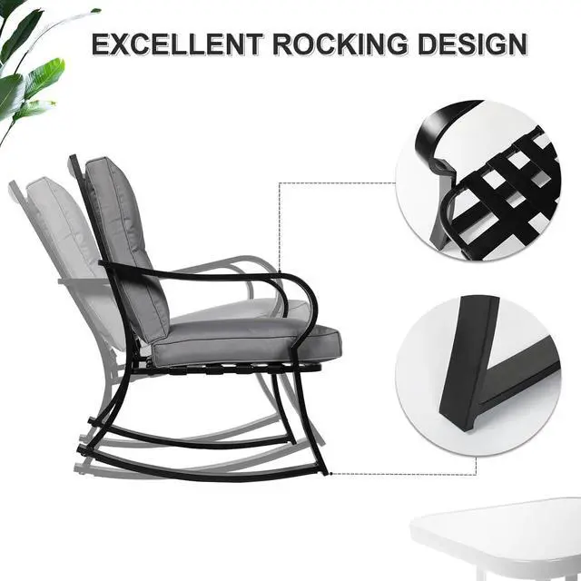 Alt view image 4 of 7 - Oakmont Outdoor Furniture 3 Piece Conversation Bistro Set Rocking Chairs and Glass Top Table, Thick Cushions, Black Steel (Grey)