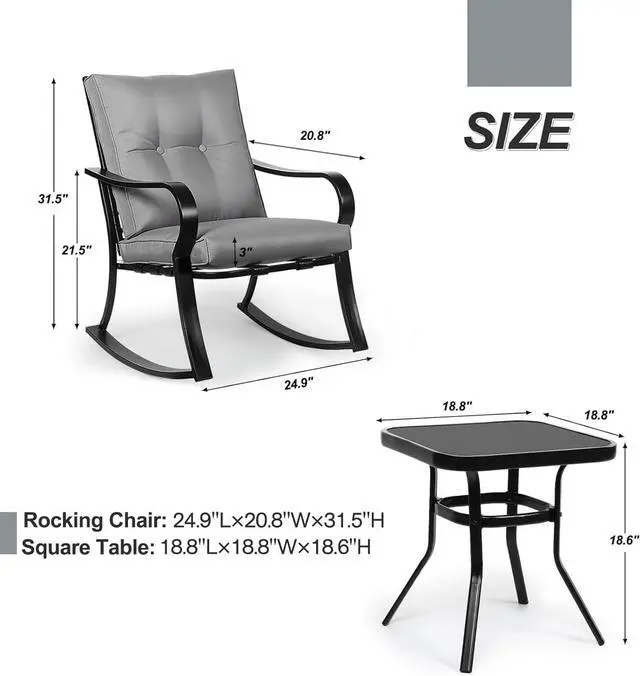 Alt view image 6 of 7 - Oakmont Outdoor Furniture 3 Piece Conversation Bistro Set Rocking Chairs and Glass Top Table, Thick Cushions, Black Steel (Grey)
