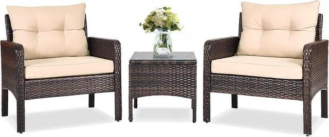 Main image of RELAX4LIFE 3-Piece Patio Furniture Set, PE Rattan Wicker Outdoor Conversation Set w/Glass Top Coffee Table & Thick Cushions for Deck Porch Balcony Garden, Bistro Table and Chairs Set of 2 (Beige)