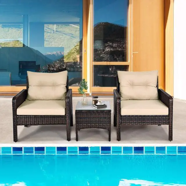 Alt view image 6 of 7 - RELAX4LIFE 3-Piece Patio Furniture Set, PE Rattan Wicker Outdoor Conversation Set w/Glass Top Coffee Table & Thick Cushions for Deck Porch Balcony Garden, Bistro Table and Chairs Set of 2 (Beige)