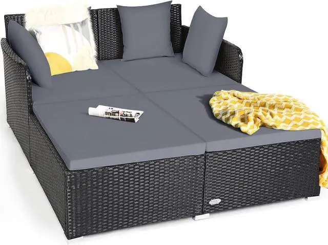 Main image of HAPPYGRILL Outdoor Rattan Daybed Patio Loveseat Sofa Set with Padded Cushion Pillows and Sturdy Aluminum Foot Wicker Patio Furniture for Garden Porch Poolside