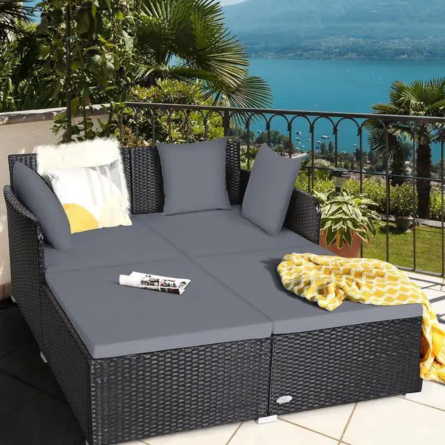 Alt view image 2 of 7 - HAPPYGRILL Outdoor Rattan Daybed Patio Loveseat Sofa Set with Padded Cushion Pillows and Sturdy Aluminum Foot Wicker Patio Furniture for Garden Porch Poolside