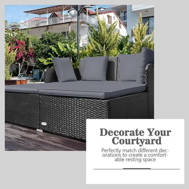 Alt view image 7 of 7 - HAPPYGRILL Outdoor Rattan Daybed Patio Loveseat Sofa Set with Padded Cushion Pillows and Sturdy Aluminum Foot Wicker Patio Furniture for Garden Porch Poolside