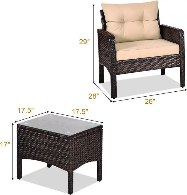 Alt view image 3 of 7 - RELAX4LIFE 3-Piece Patio Furniture Set, PE Rattan Wicker Outdoor Conversation Set w/Glass Top Coffee Table & Thick Cushions for Deck Porch Balcony Garden, Bistro Table and Chairs Set of 2 (Beige)