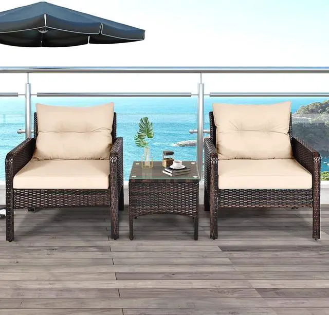 Alt view image 2 of 7 - RELAX4LIFE 3-Piece Patio Furniture Set, PE Rattan Wicker Outdoor Conversation Set w/Glass Top Coffee Table & Thick Cushions for Deck Porch Balcony Garden, Bistro Table and Chairs Set of 2 (Beige)