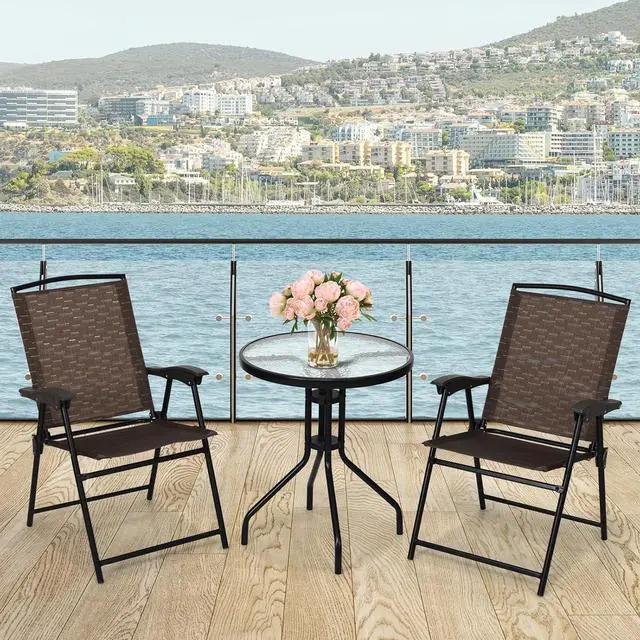 Alt view image 6 of 7 - Goplus Patio Bistro Set, 3-Piece Patio Dining Furniture Set with Round Tempered Glass Table, 2 Foldable Chairs, Small Outdoor Folding Chairs & Table Set for Porch Garden Pool Yard