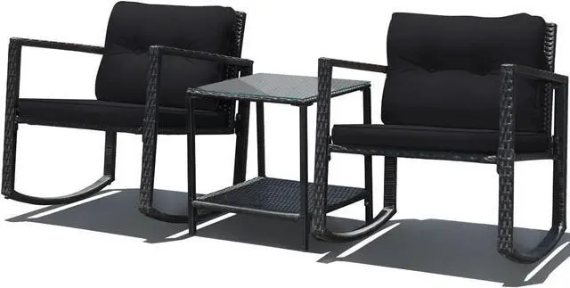 Main image of DORTALA 3 Pieces Patio Furniture Set, Rattan Rocking Chair and Glass Coffee Table with Cushions, Outdoor Wicker Conversation Bistro Set of 3 for Backyard Poolside, Black