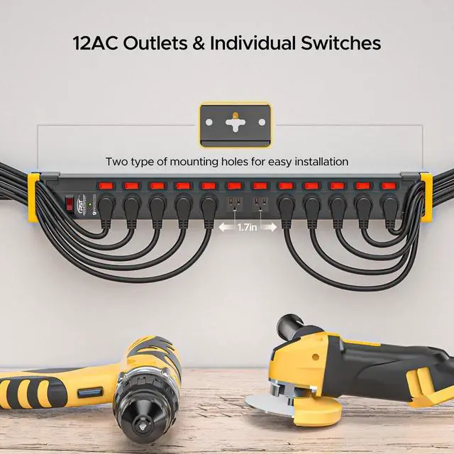 Alt view image 3 of 7 - 12 Outlets Metal Long Power Strip,15Amp/1875W Heavy Duty Surge Protector Power Strips with Switches, Cord Manager, 9FT Cord 1020J Wall Mount Power Strip for Garage, Workshop, Home, Office