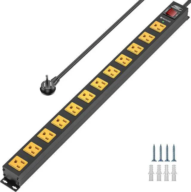 Main image of 12 Outlet Heavy Duty Long Power Strip Surge Protector, Wall Mount Metal Power Strip with Flat Plug, 2100J, 15A Circuit Breaker, 6FT Cord for Garage, Workbench, Shop, and Under Desk Use