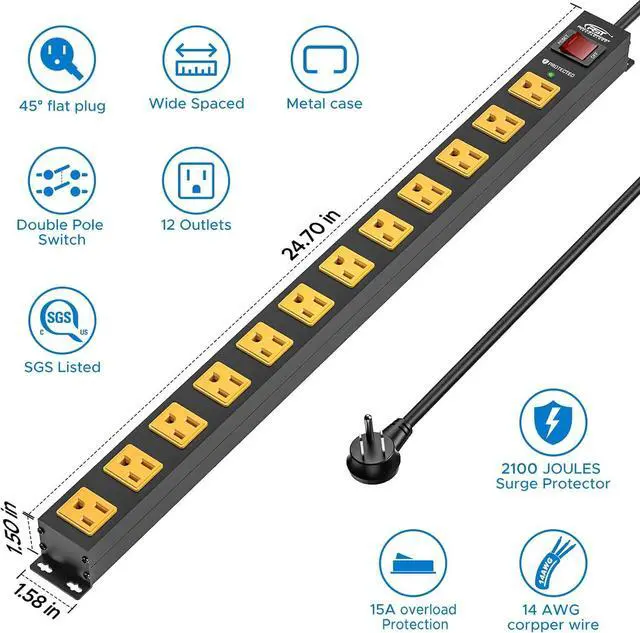 Alt view image 2 of 7 - 12 Outlet Heavy Duty Long Power Strip Surge Protector, Wall Mount Metal Power Strip with Flat Plug, 2100J, 15A Circuit Breaker, 6FT Cord for Garage, Workbench, Shop, and Under Desk Use
