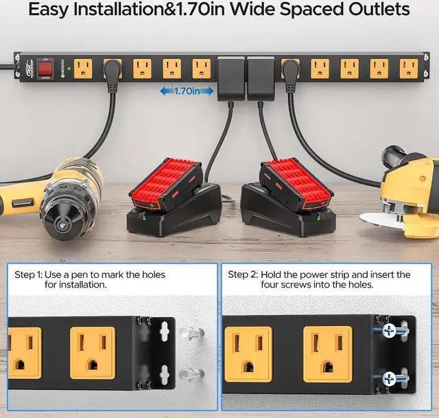 Alt view image 4 of 7 - 12 Outlet Heavy Duty Long Power Strip Surge Protector, Wall Mount Metal Power Strip with Flat Plug, 2100J, 15A Circuit Breaker, 6FT Cord for Garage, Workbench, Shop, and Under Desk Use