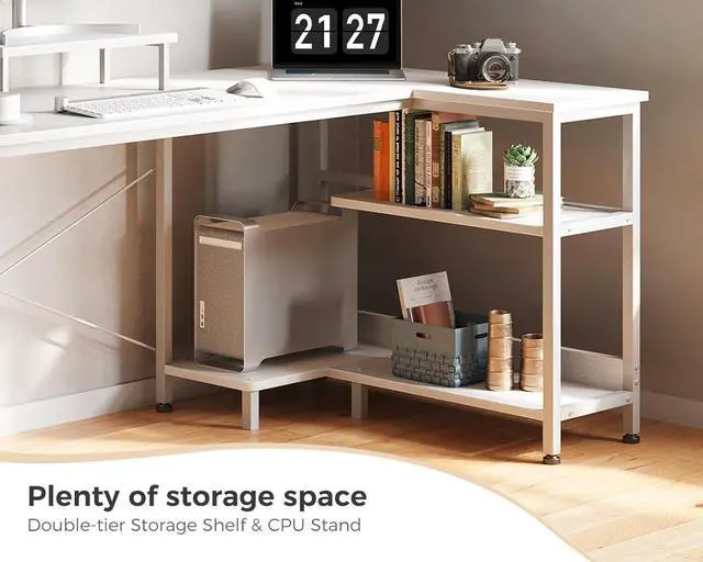 Alt view image 6 of 7 - 47 Inch Small L Shaped Computer Desk with Reversible Storage Shelves, L-Shaped Corner Desk with Monitor Stand for Small Se, Modern Simple Writing Table for Home Office Workstation, White