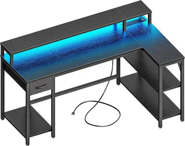 Main image of SUPERJARE 53 inch Reversible L Shaped Desk with LED Lights & Power Outlets, Computer Desk with Shelves & Monitor Stand, Gaming Desk with Drawer, Home Office Desk Corner Desk, Black