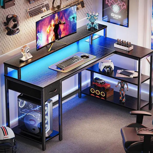 Alt view image 2 of 7 - SUPERJARE 53 inch Reversible L Shaped Desk with LED Lights & Power Outlets, Computer Desk with Shelves & Monitor Stand, Gaming Desk with Drawer, Home Office Desk Corner Desk, Black