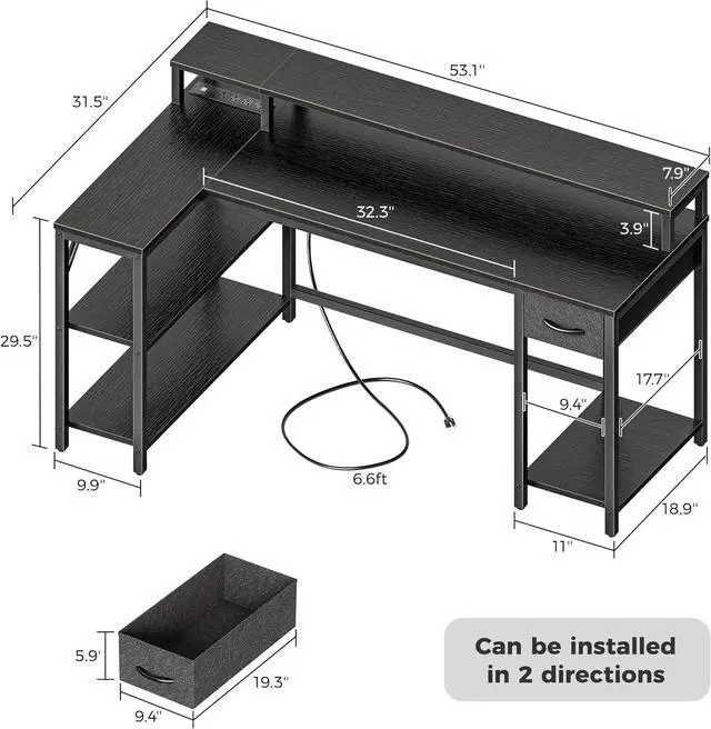 Alt view image 3 of 7 - SUPERJARE 53 inch Reversible L Shaped Desk with LED Lights & Power Outlets, Computer Desk with Shelves & Monitor Stand, Gaming Desk with Drawer, Home Office Desk Corner Desk, Black