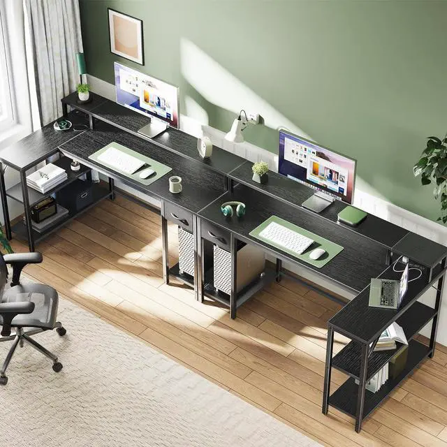 Alt view image 6 of 7 - SUPERJARE 53 inch Reversible L Shaped Desk with LED Lights & Power Outlets, Computer Desk with Shelves & Monitor Stand, Gaming Desk with Drawer, Home Office Desk Corner Desk, Black