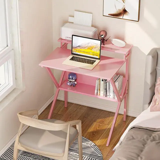Alt view image 2 of 7 - ODK Small Desk, 27.5 Inch Small Computer Desk for Small Spaces, Compact Desk with Storage, Tiny Desk Study Desk with Monitor Stand for Home Office, Pink