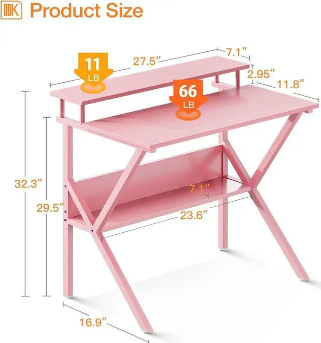 Alt view image 3 of 7 - ODK Small Desk, 27.5 Inch Small Computer Desk for Small Spaces, Compact Desk with Storage, Tiny Desk Study Desk with Monitor Stand for Home Office, Pink