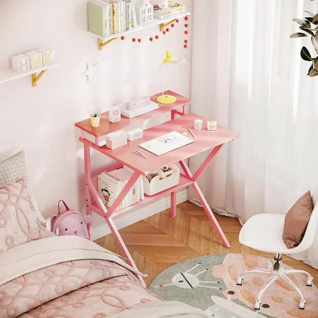 Alt view image 5 of 7 - ODK Small Desk, 27.5 Inch Small Computer Desk for Small Spaces, Compact Desk with Storage, Tiny Desk Study Desk with Monitor Stand for Home Office, Pink