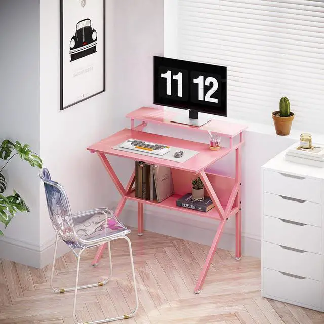 Alt view image 7 of 7 - ODK Small Desk, 27.5 Inch Small Computer Desk for Small Spaces, Compact Desk with Storage, Tiny Desk Study Desk with Monitor Stand for Home Office, Pink