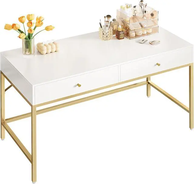 Main image of SUPERJARE Vanity Desk with Drawers, 47 inch Computer Desk, Modern Simple Home Office Desks, Makeup Dressing Table for Bedroom - White and Gold