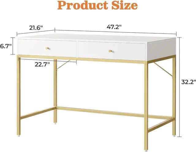 Alt view image 3 of 7 - SUPERJARE Vanity Desk with Drawers, 47 inch Computer Desk, Modern Simple Home Office Desks, Makeup Dressing Table for Bedroom - White and Gold