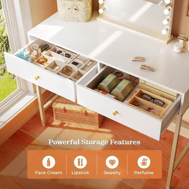 Alt view image 4 of 7 - SUPERJARE 39.4" White and Gold Desk with 2 Drawers, Modern Makeup Vanity Desk, Small Computer Desk Home Office Desk for Writing Study Bedroom