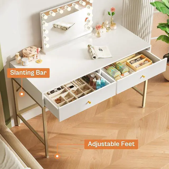 Alt view image 6 of 7 - SUPERJARE Vanity Desk with Drawers, 47 inch Computer Desk, Modern Simple Home Office Desks, Makeup Dressing Table for Bedroom - White and Gold