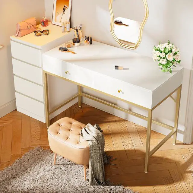 Alt view image 7 of 7 - SUPERJARE Vanity Desk with Drawers, 47 inch Computer Desk, Modern Simple Home Office Desks, Makeup Dressing Table for Bedroom - White and Gold