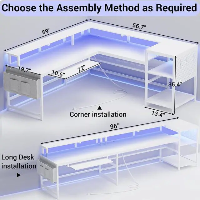 Alt view image 3 of 7 - SEDETA L.Shaped.Gaming Desk, Reversible.Home Office.Desk or Corner Desk,.Gaming Desk.with.Power.Outlets.&.LED.Strip, Monitor.Shelf,.Keyboard.Tray, Pegboard and.Storage.Shelves, White
